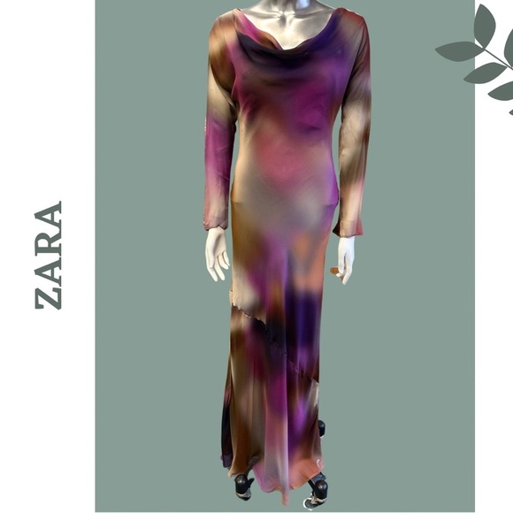 Zara Watercolor Floor Length Chiffon Evening Dress Backless Lined Size Large - Picture 4 of 9